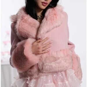 Selkie Angel Delight Cropped Groupie Jacket Faux Fur Trim Pink XS